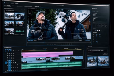 Brice Faldi et Cédric Bérieau incrustés dans une image générée par IA illustrant le travail de post-production vidéo